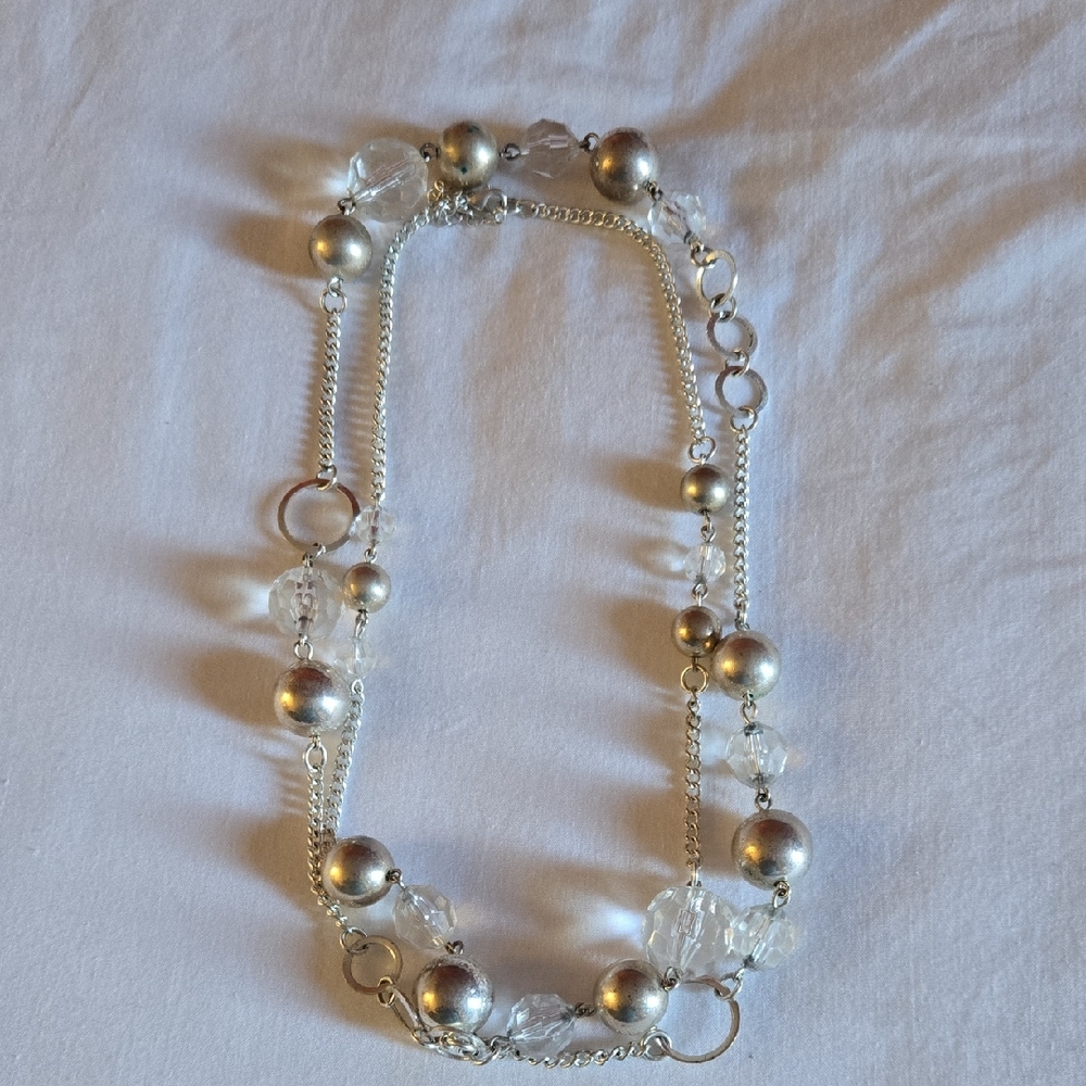 Silver Bead and Crystal Chain Necklace - Unbranded
